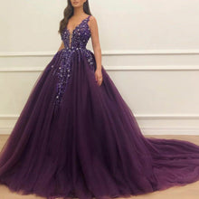 Load image into Gallery viewer, deep purple ball gown prom dresses 2020 deep v neck crystals beaded prom gown vestido de graduation