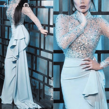 Load image into Gallery viewer, mermaid evening dresses long sleeve high neck beaded crystal blue evening gown robe de soiree