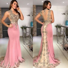 Load image into Gallery viewer, mermaid pink evening dresses long sleeveless lace appliqué beaded elegant evening gown 2020 formal dress