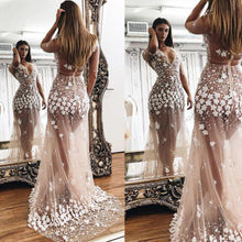 Load image into Gallery viewer, 3d flower mermaid evening dresses long sleeve sheer sexy beaded champagne luxury evening gown vestido de festa