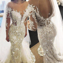 Load image into Gallery viewer, champagne mermaid wedding dresses for bride 2020 lace appliqué long sleeve beaded elegant wedding gown