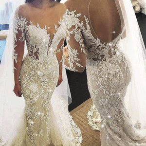 champagne mermaid wedding dresses for bride 2020 lace appliqué long sleeve beaded elegant wedding gown