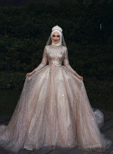 Load image into Gallery viewer, silver champagne wedding dresses boho 2020 sequin sparkle long sleeve muslim elegant wedding ball gown