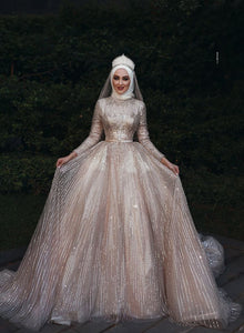 silver champagne wedding dresses boho 2020 sequin sparkle long sleeve muslim elegant wedding ball gown