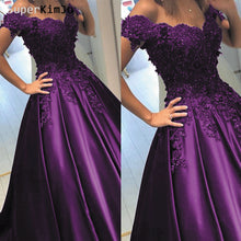 Load image into Gallery viewer, purple prom dresses 2020 off the shoulder lace appliqué satin beaded elegant prom gown long