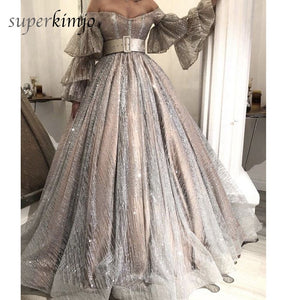 silver ball gown prom dresses 2020 flare sleeve sparkle luxury elegant prom gown vestido de festa