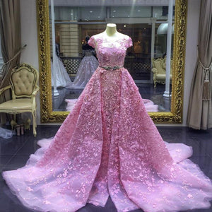 detachable skirt pink prom dresses 2021 cap sleeve lace applique luxury elegant prom gown vestidos