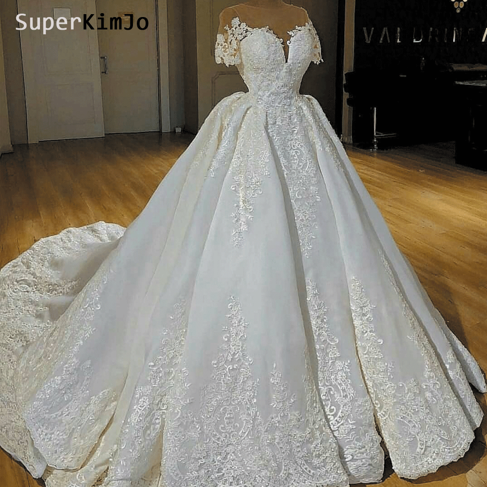 luxury wedding dresses for bride lace appliqué short sleeve chapel tra ...