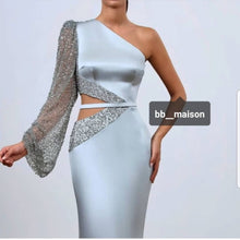 Load image into Gallery viewer, one shoulder mermaid evening dresses long beaded silver satin modest evening gown vestido de Longo