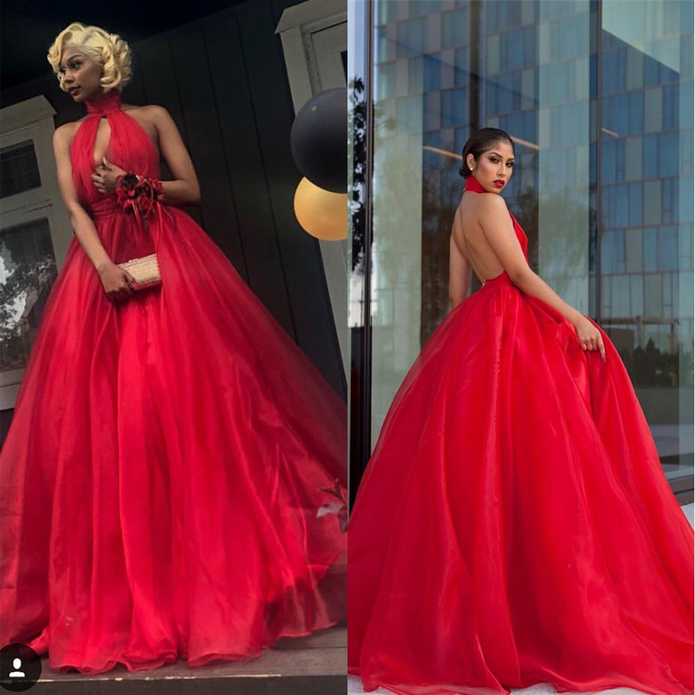 red prom dresses 2021 halter a line tulle cheap simple prom gowns vestido de fiesta de Longo