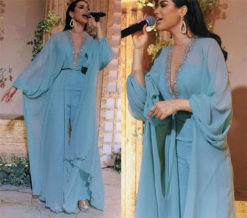beaded jumpsuit for women chiffon blue v neck dubai fashion outfit for weddings evening party dresses
