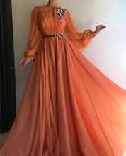 Load image into Gallery viewer, orange prom dresses floral flare sleeve elegant chiffon a line cheap prom gown 2021 robe de soiree