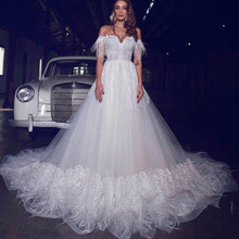 Load image into Gallery viewer, white wedding dresses 2020 feather lace appliqué elegant off the shoulder wedding ball gown