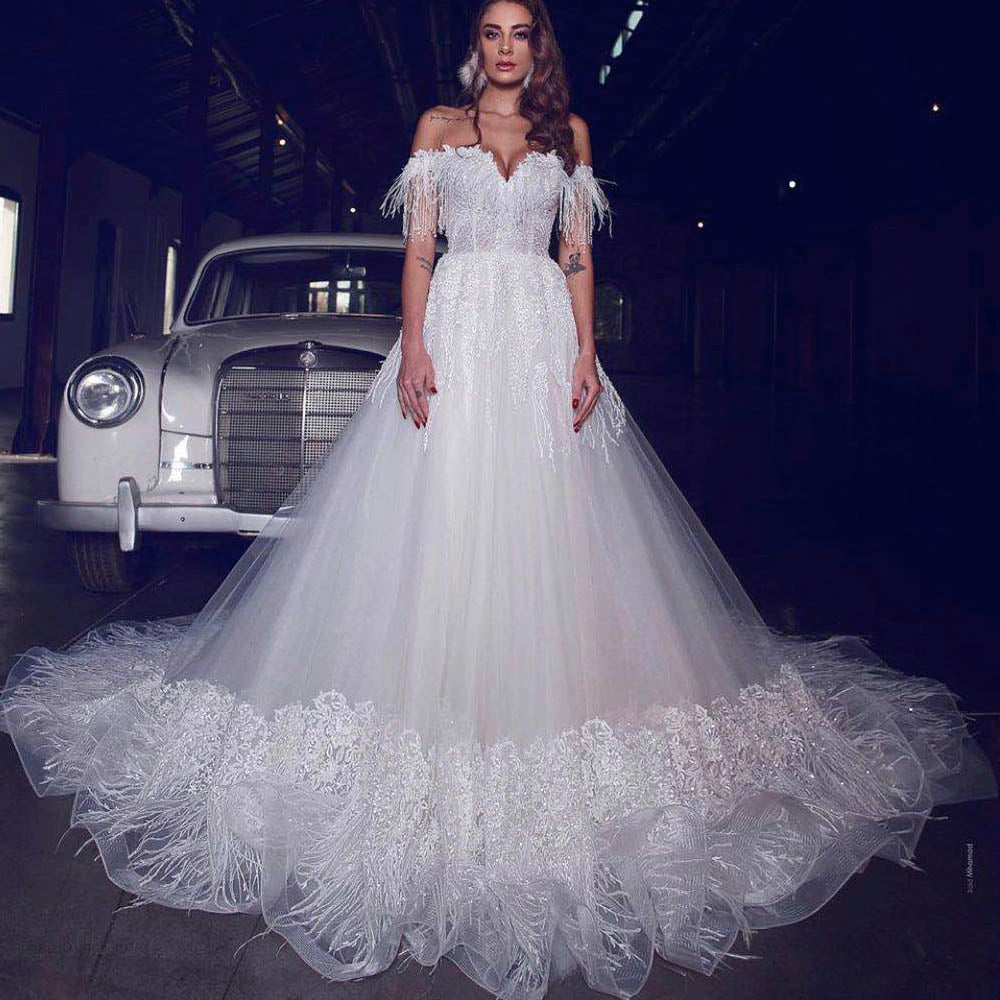 white wedding dresses 2020 feather lace appliqué elegant off the shoulder wedding ball gown