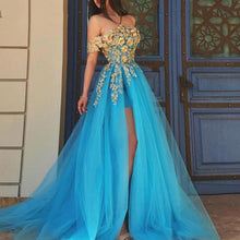 Load image into Gallery viewer, blue prom dresses 2020 lace applique off the shoulder a line cheap prom gown 2021 robe de soiree