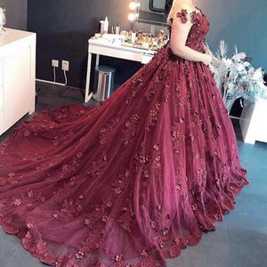 ball gown wedding dresses for bride 3d flowers elegant Burgundy princess cheap wedding gowns vestido de noiva