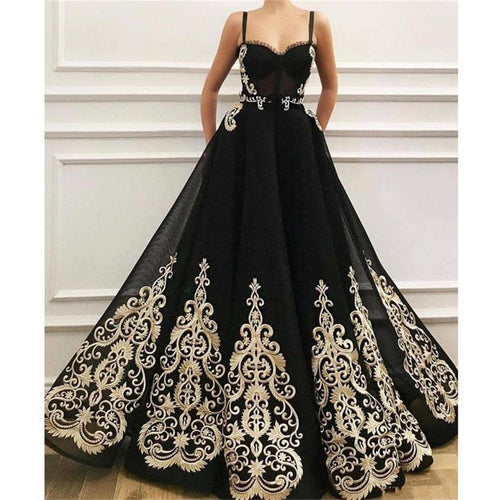 vintage prom dresses 2020 gold lace applique black spaghetti strap elegant prom gowns 2021