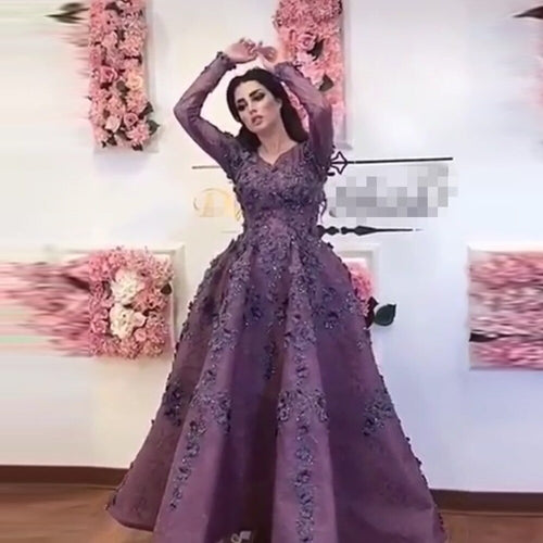 arabic prom dresses long sleeve deep purple floral vintage elegant prom gown vestido de festa