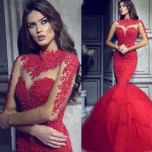 Load image into Gallery viewer, red evening dresses long sleeve beaded Lace Applique mermaid elegant modest formal evening gowns