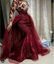 Load image into Gallery viewer, Burgundy prom dresses with detachable skirt sparkly elegant vintage bling prom gown 2021