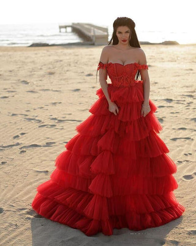 abendkleider red tiered prom dresses 2020 off the shoulder beaded Lace Applique 2021 elegant prom gown