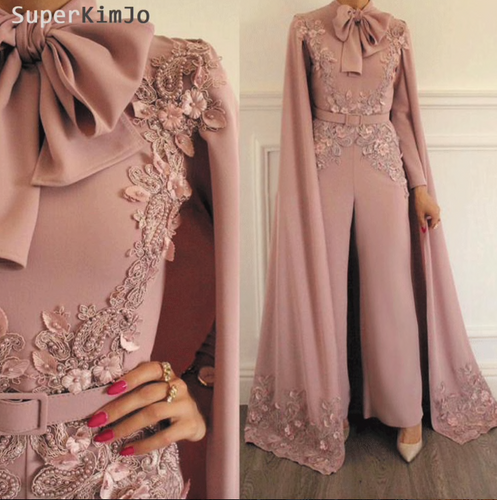 dusty pink jumpsuits for women 2020 lace appliqué beaded 3d flowers Dubai caftan pants for weddings