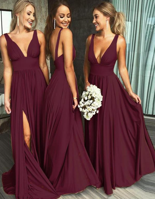 Burgundy v neck bridesmaid dresses long cheap satin a line custom wedding guest dresses