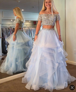 2 piece prom dresses 2020 off the shoulder beaded blue tiered prom gown vestido de festa