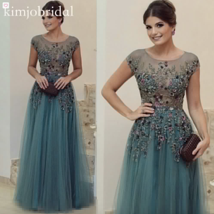 sage green prom dresses 2020 embroidery appliqué beaded tulle cap sleeve elegant prom gown