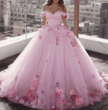 Load image into Gallery viewer, pink wedding dresses ball gown handmade flowers beaded sparkly princess wedding gown vested de noiva