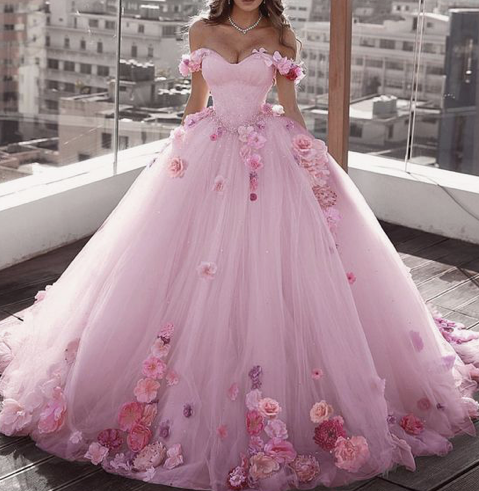 pink wedding dresses ball gown handmade flowers beaded sparkly princess wedding gown vested de noiva