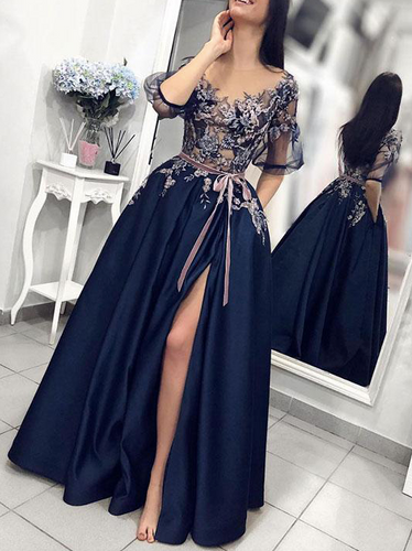 lace applique prom gown 2020 half sleeve navy blue satin elegant cheap prom dresses long vestido de festa