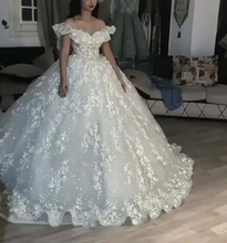 Load image into Gallery viewer, sparkly wedding ball gown 3d flowers elegant off the shoulder princess boho wedding dresses