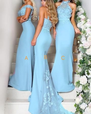 blue bridesmaid dresses long mismatched mermaid lace appliqué elegant cheap wedding party dresses