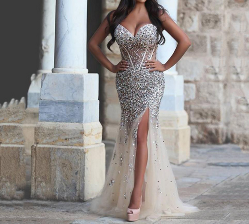 sweetheart neck champagne evening dresses long luxury beaded mermaid sexy formal evening gown robe de soiree