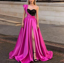 Load image into Gallery viewer, vintage prom dresses long one shoulder hot pink lace applique beaded prom gowns vestidos de fiesta