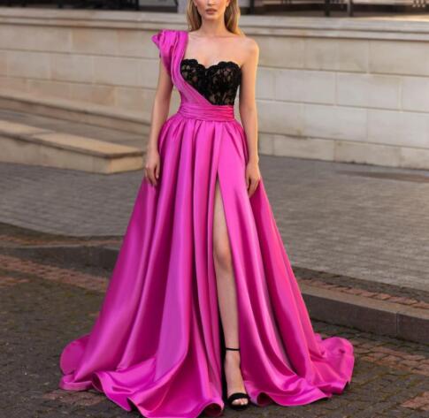 vintage prom dresses long one shoulder hot pink lace applique beaded prom gowns vestidos de fiesta