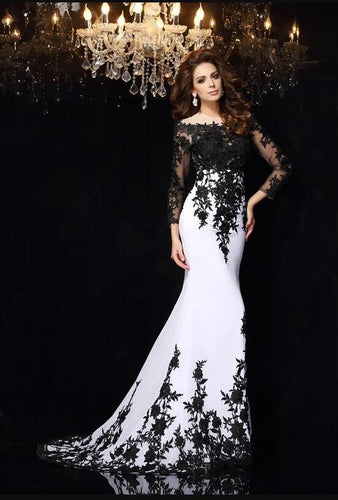 abendkleider black and white evening dresses long lace applique boat neck elegant cheap formal gown robe de soiree