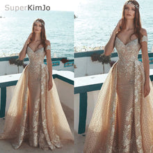 Load image into Gallery viewer, 2020 detachable skirt evening dresses long sparkle champagne lace appliqué evening gown
