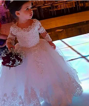 Load image into Gallery viewer, off white lace flower girl dresses for weddings beaded long sleeve applique communion dresses 2021 kids prom dress