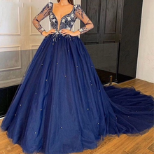 Load image into Gallery viewer, deep v neck beaded prom dresses ball gown crystals navy blue tulle elegant vintage prom gown 2021