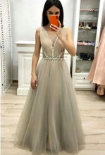 Load image into Gallery viewer, beaded prom dresses long v neck simple silver a line cheap prom gown vestido de longo