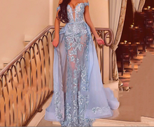 Load image into Gallery viewer, detachable skirt blue prom dresses 2021 off the shoulder lace applique elegant cheap prom gowns