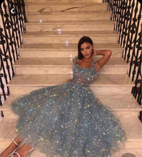 Load image into Gallery viewer, gray sparkly senior prom dresses 2020 beaded sequin cheap grey short tea length prom gown 2021