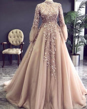 Load image into Gallery viewer, champagne prom dresses ball gown long sleeve vintage lace applique high neck prom gown