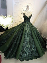 Load image into Gallery viewer, luxury hunter green prom dresses vestido de graduacion sequin applique elegant vintage ball gown