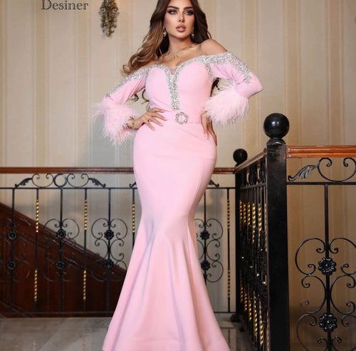 pink evening dresses long sleeve feather beaded mermaid elegant luxury evening gown robe de soiree