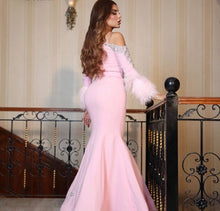 Load image into Gallery viewer, pink evening dresses long sleeve feather beaded mermaid elegant luxury evening gown robe de soiree