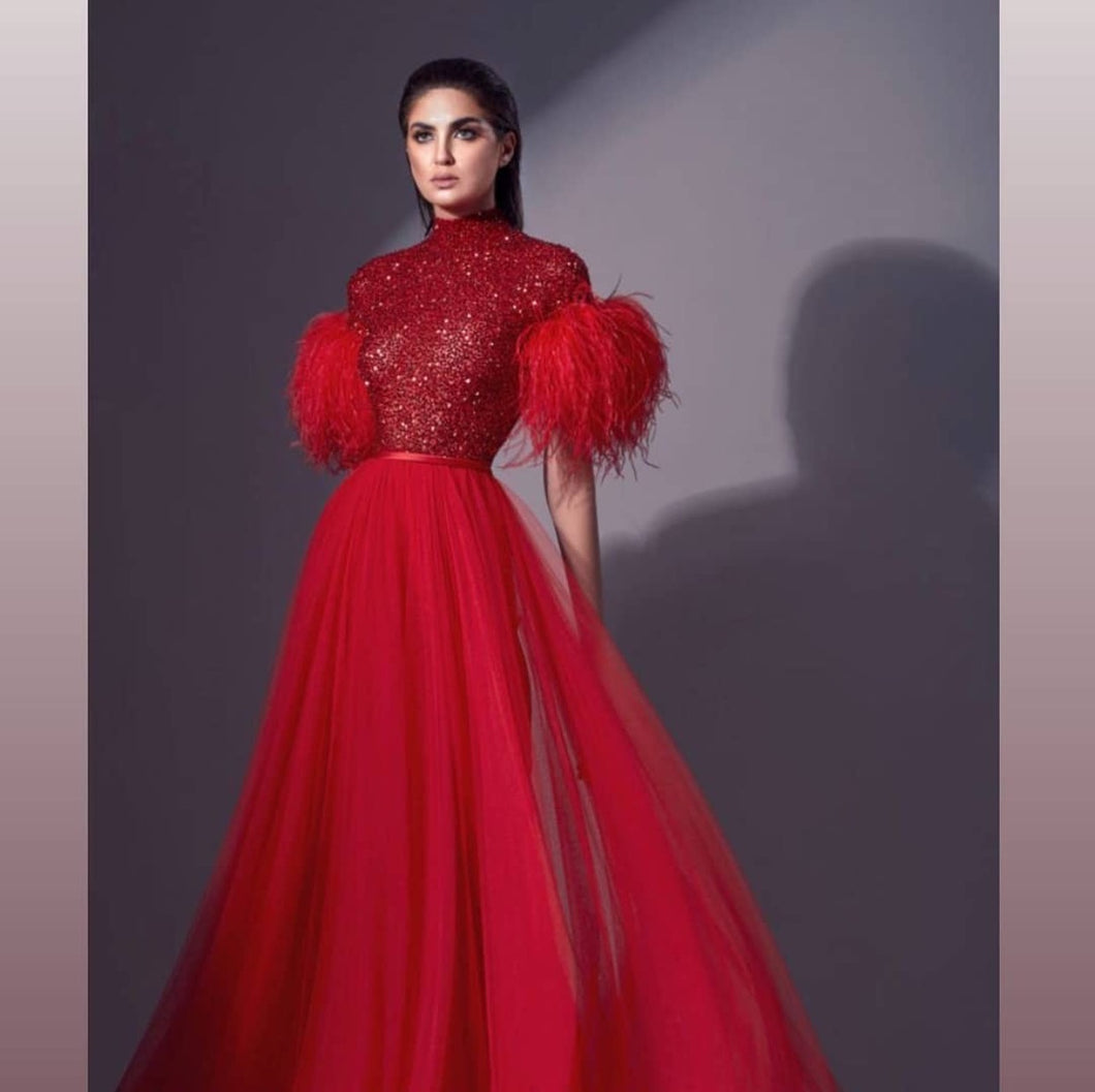 red prom dresses high neck feather vintage tulle a-line elegant prom gown robes de cocktail