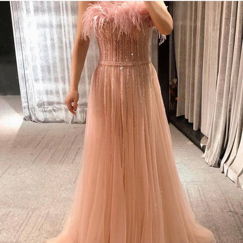beaded pink prom dresses a line feather crystal elegant tulle luxury prom gown robes de cocktail